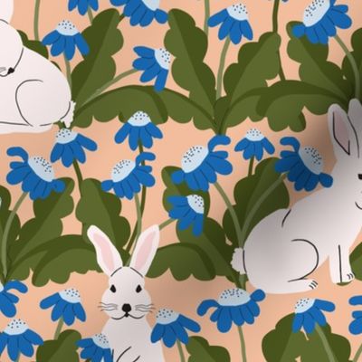 Rabbits In The Garden XLg | Blue Flowers on Peach