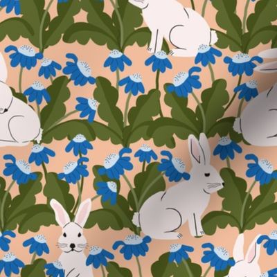 Rabbits In The Garden Lg | Blue Flowers on Peach