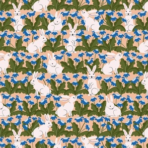 Rabbits In The Garden Lg | Blue Flowers on Peach