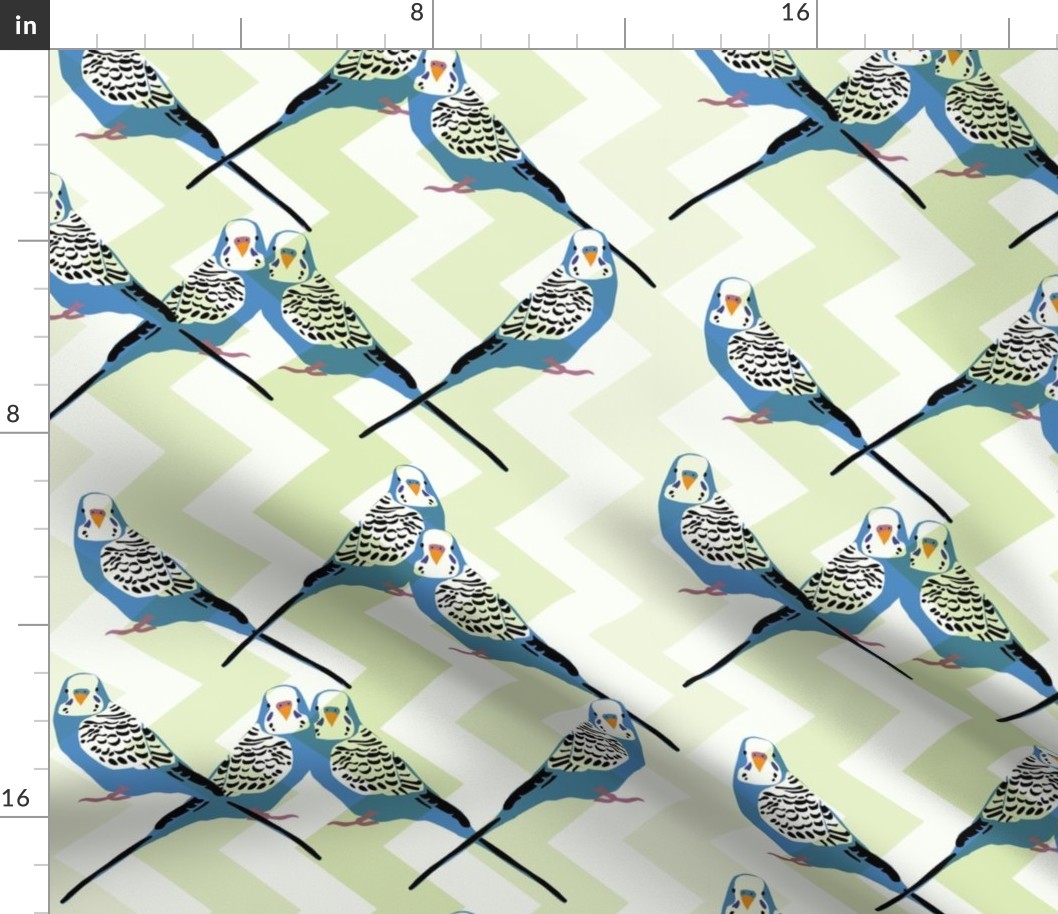 Parakeets Looking at You - Blue - Green Chevron Background