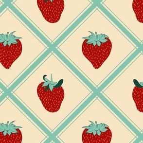 Large Strawberries with Aqua Tartan and Cream Background