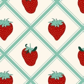 Large Strawberries with Aqua Tartan and Off White Background