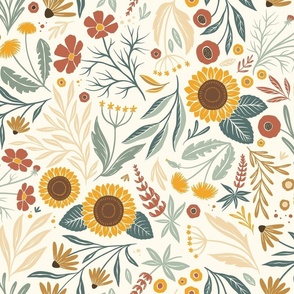 Wild Meadow - sunflowers, cosmos, dandelions, lupins, black eyes Susans - light - medium