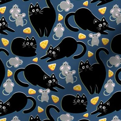 Black Cat and Mouse - on navy blue 