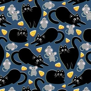 Black Cat and Mouse - on navy blue 