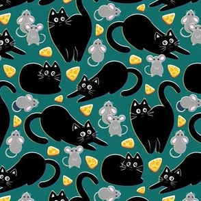 Black Cat and Mouse - on teal green 