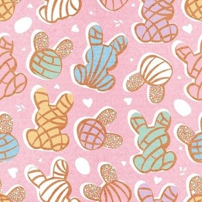 Small scale // Hippity hoppity Easter Mexican bunny conchas on it’s way! // pink background multicoloured pan dulce