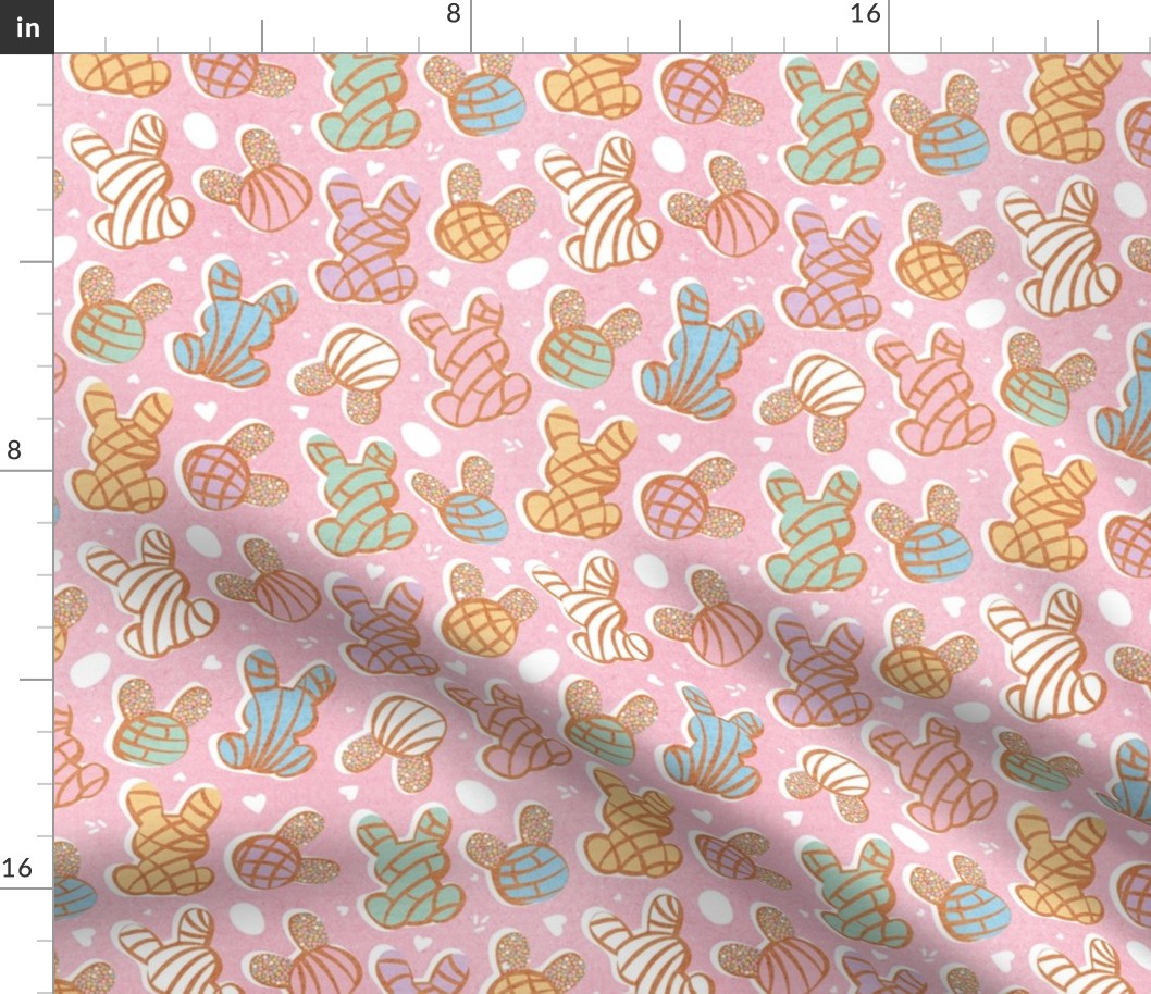 Small scale // Hippity hoppity Easter Mexican bunny conchas on it’s way! // pink background multicoloured pan dulce