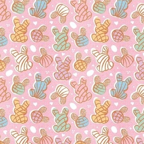 Tiny scale // Hippity hoppity Easter Mexican bunny conchas on it’s way! // pink background multicoloured pan dulce