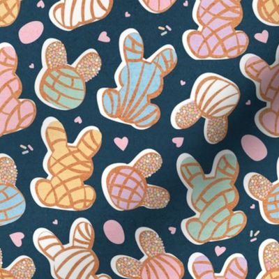 Small scale // Hippity hoppity Easter Mexican bunny conchas on it’s way! // nile blue background multicoloured pan dulce