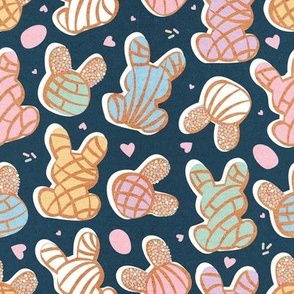 Small scale // Hippity hoppity Easter Mexican bunny conchas on it’s way! // nile blue background multicoloured pan dulce