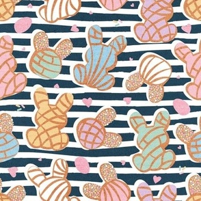 Small scale // Hippity hoppity Easter Mexican bunny conchas on it’s way! // nile blue stripes background multicoloured pan dulce