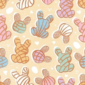 Small scale // Hippity hoppity Easter Mexican bunny conchas on it’s way! // pale yellow background multicoloured pan dulce