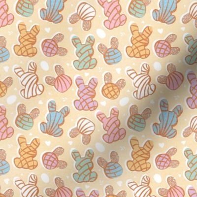 Tiny scale // Hippity hoppity Easter Mexican bunny conchas on it’s way! // pale yellow background multicoloured pan dulce