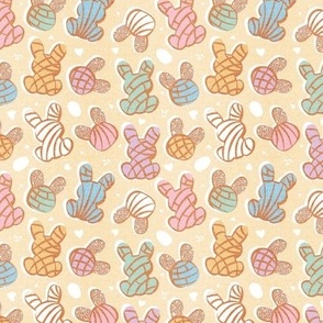 Tiny scale // Hippity hoppity Easter Mexican bunny conchas on it’s way! // pale yellow background multicoloured pan dulce