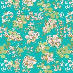 The Tiffany Aqua Blue Vintage Floral Block Print -  © 2022 Vanessa Peutherer -  Small Scale Fabric, Medium Scale Wallpaper