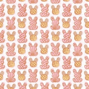 Tiny scale // Hoppy Easter // white linen texture background pink and yellow Mexican pan dulce bunny conchas