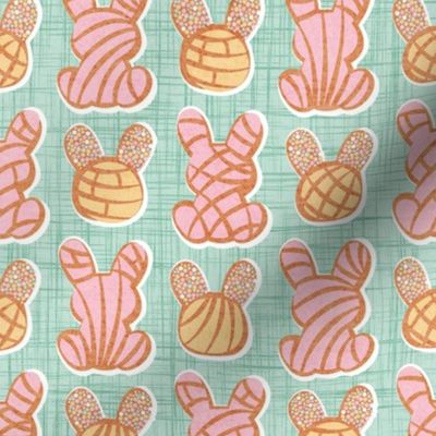 Small scale // Hoppy Easter // aqua linen texture background pink and yellow Mexican pan dulce bunny conchas