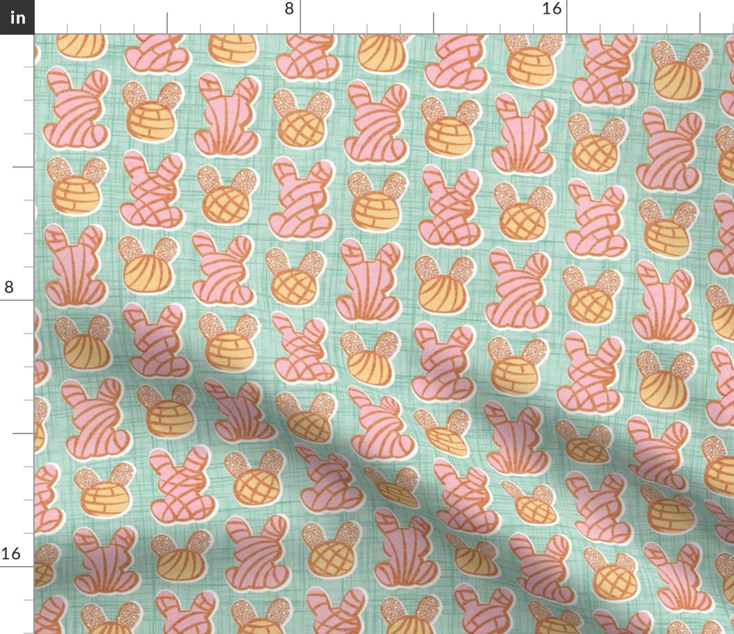 Small scale // Hoppy Easter // aqua linen texture background pink and yellow Mexican pan dulce bunny conchas