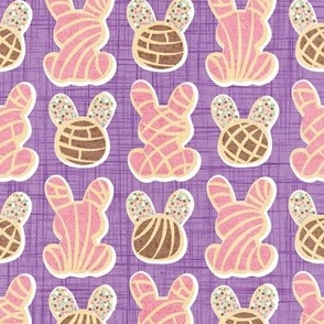 Small scale // Hoppy Easter // violet linen texture background pink and brown Mexican pan dulce bunny conchas