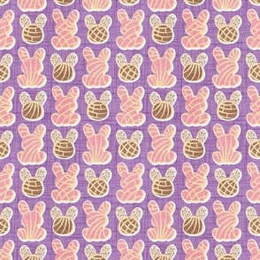 Tiny scale // Hoppy Easter // violet linen texture background pink and brown Mexican pan dulce bunny conchas