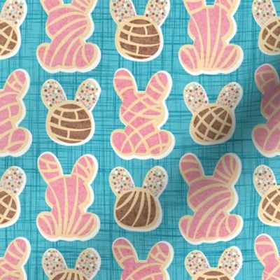 Small scale // Hoppy Easter // seagull blue linen texture background pink and brown Mexican pan dulce bunny conchas