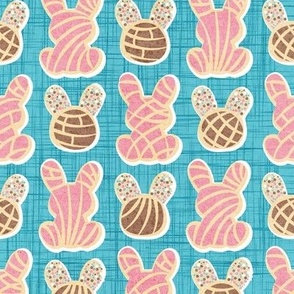 Small scale // Hoppy Easter // seagull blue linen texture background pink and brown Mexican pan dulce bunny conchas