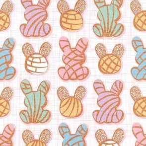 Small scale // Hoppy Easter // white linen texture background multicoloured Mexican pan dulce bunny conchas