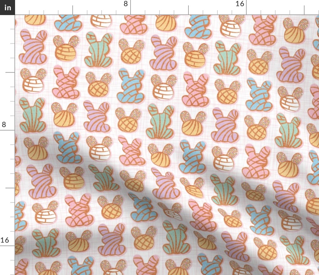 Small scale // Hoppy Easter // white linen texture background multicoloured Mexican pan dulce bunny conchas