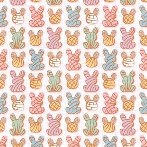 Tiny scale // Hoppy Easter // white linen texture background multicoloured Mexican pan dulce bunny conchas