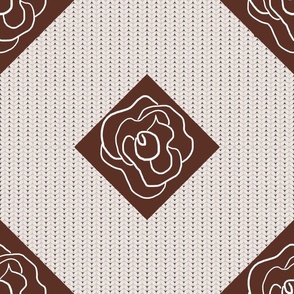 Large - Line Drawing of Rose on Knit Stitch Lattice in Brown - Beige - White - Cheater Quilt 