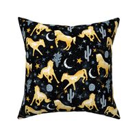 Magical West- Wild Horses in Mystical Desert- Buff American Yellow Canyon Blue  White on Black- Regular Scale 