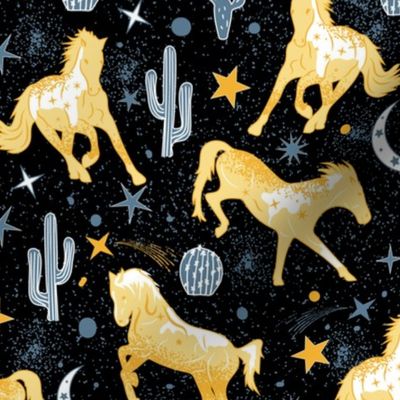 Magical West- Wild Horses in Mystical Desert- Buff American Yellow Canyon Blue  White on Black- Regular Scale 