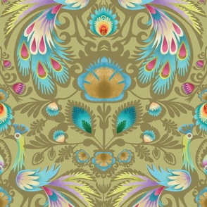  Peacock - colourful paper cutting polish folk art in light khaki | Maximalist Folk dense foliage and floral | Hot Magenta, Aqua, Gold yellow | Jumbo