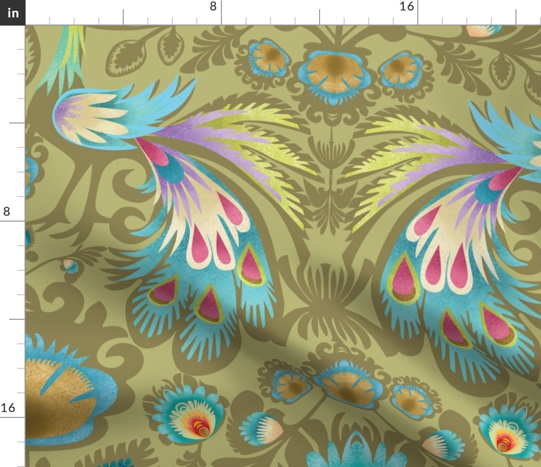  Peacock - colourful paper cutting polish folk art in light khaki | Maximalist Folk dense foliage and floral | Hot Magenta, Aqua, Gold yellow | Jumbo