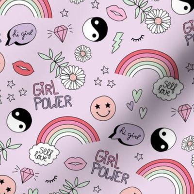 Nineties icons and picto design daisies rainbows smiley hearts jin yang cartoon retro design mint pink on lilac purple 