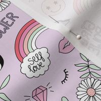 Nineties icons and picto design daisies rainbows smiley hearts jin yang cartoon retro design mint pink on lilac purple 