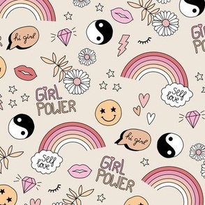 Nineties icons and picto design daisies rainbows smiley hearts jin yang cartoon retro design orange blush pink on sand beige 