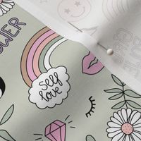 Nineties icons and picto design daisies rainbows smiley hearts jin yang cartoon retro design blush pink beige on sage green 