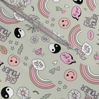 Nineties icons and picto design daisies rainbows smiley hearts jin yang cartoon retro design blush pink beige on sage green 