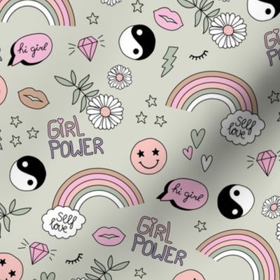 Nineties icons and picto design daisies rainbows smiley hearts jin yang cartoon retro design blush pink beige on sage green 
