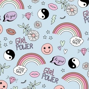 Nineties icons and picto design daisies rainbows smiley hearts jin yang cartoon retro design pink mint blush on baby blue 