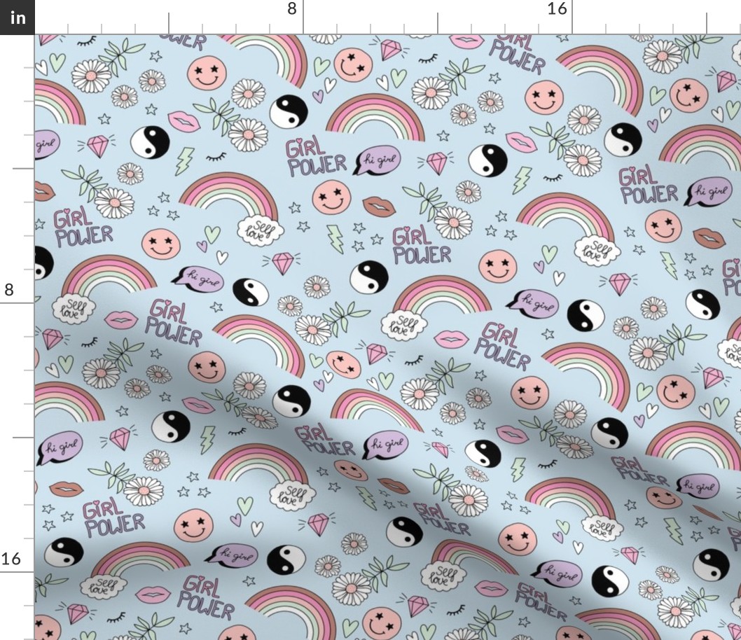 Nineties icons and picto design daisies rainbows smiley hearts jin yang cartoon retro design pink mint blush on baby blue 