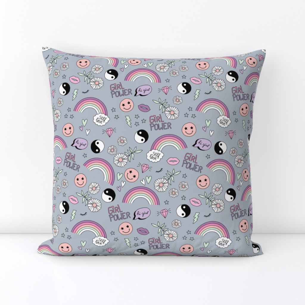 Nineties icons and picto design daisies rainbows smiley hearts jin yang cartoon retro design pink lilac mint on cool gray 