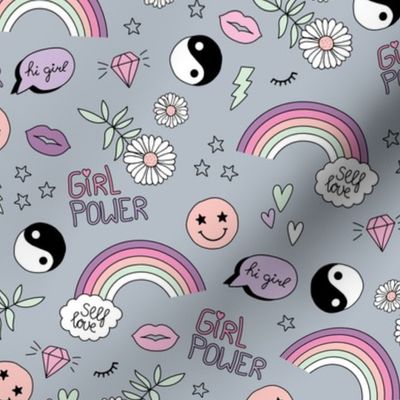 Nineties icons and picto design daisies rainbows smiley hearts jin yang cartoon retro design pink lilac mint on cool gray 