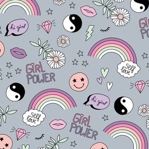 Nineties icons and picto design daisies rainbows smiley hearts jin yang cartoon retro design pink lilac mint on cool gray 