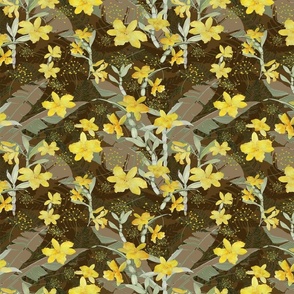 LainSnow-floral-wilderness-yellow-orchids-sage-green-cafe-au-lait-cappuccino-expresso-brown