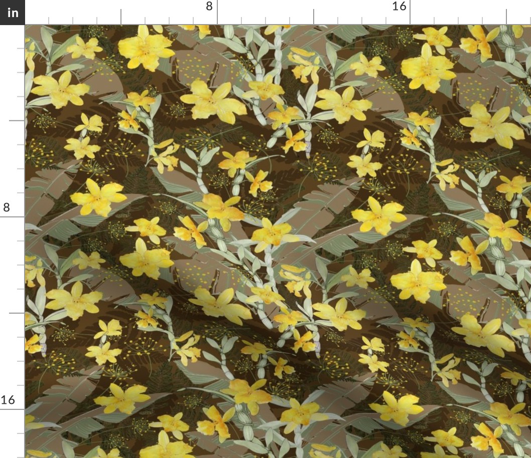 LainSnow-floral-wilderness-yellow-orchids-sage-green-cafe-au-lait-cappuccino-expresso-brown