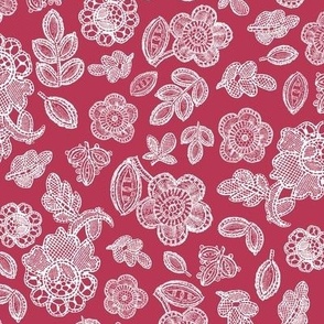 Lace flowers and leaves white on dark pink 