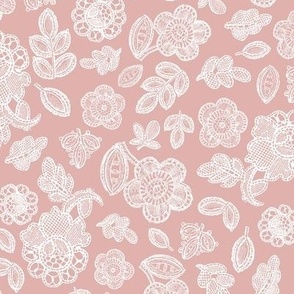 Lace flowers and leaves white on pastel pink 